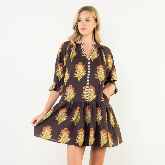 Evereve Dresses & Skirts - THML Evereve Dress Womens Small Indian Cotton Brown Block Print Shift Mini